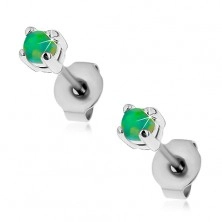 Steel stud earrings, round synthetic opal in green colour, 3 mm