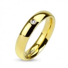 Ring made of 316L steel in gold colour, clear zircon, shiny smooth surface, 4 mm