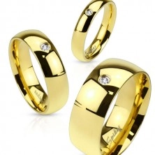 Ring made of 316L steel in gold colour, clear zircon, shiny smooth surface, 4 mm