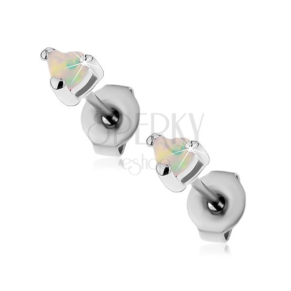 Earrings made of 316L steel, white rainbow heart made of synthetic opal, 3 mm