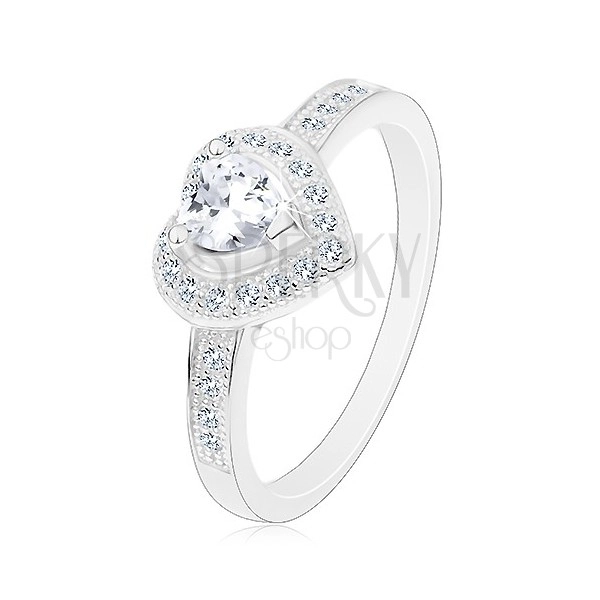 Engagement ring - 925 silver, clear heart, sparkly contour and shoulders