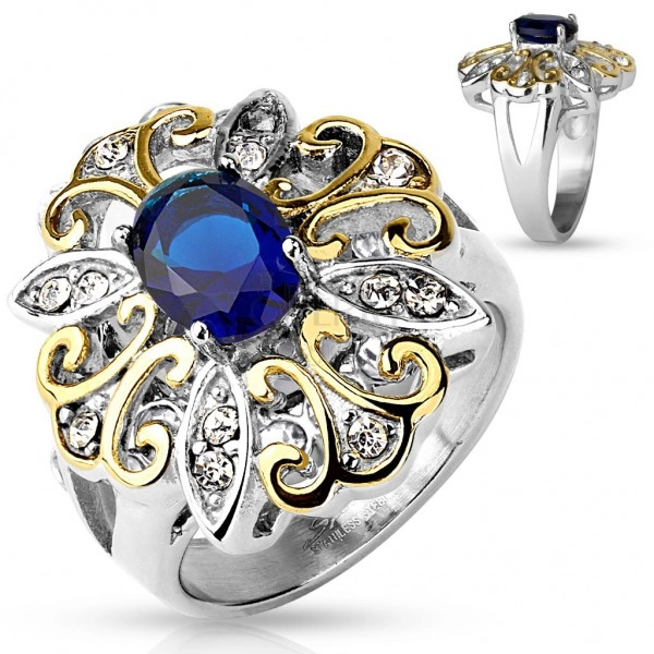 Massive ring made of 316L steel, big bicoloured flower, dark blue oval zircon