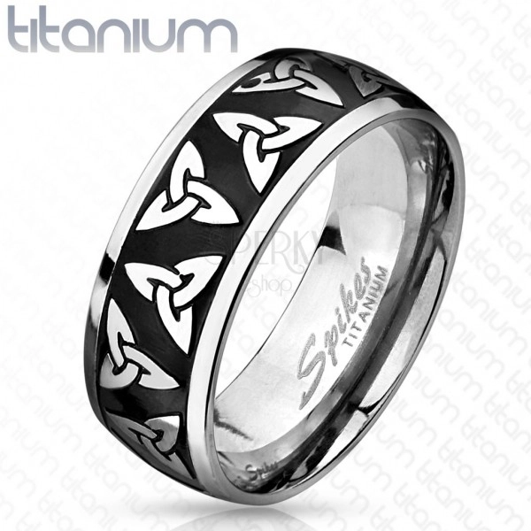 Titanium ring in silver and black colours, shiny edges, Celtic symbols, 8 mm