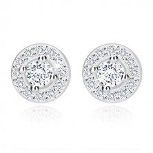 925 silver earrings, glossy round zircon with clear border, studs, 7 mm