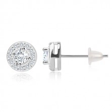 925 silver earrings, glossy round zircon with clear border, studs, 7 mm