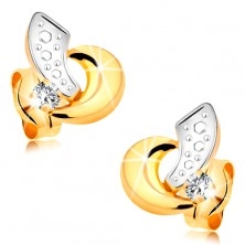Earrings made of 14K gold - bicoloured arcs and glossy zircon in clear colour