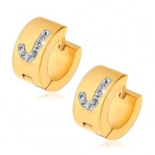 Hinged snap earrings made of 316L steel in gold colour, white letter J with clear zircons