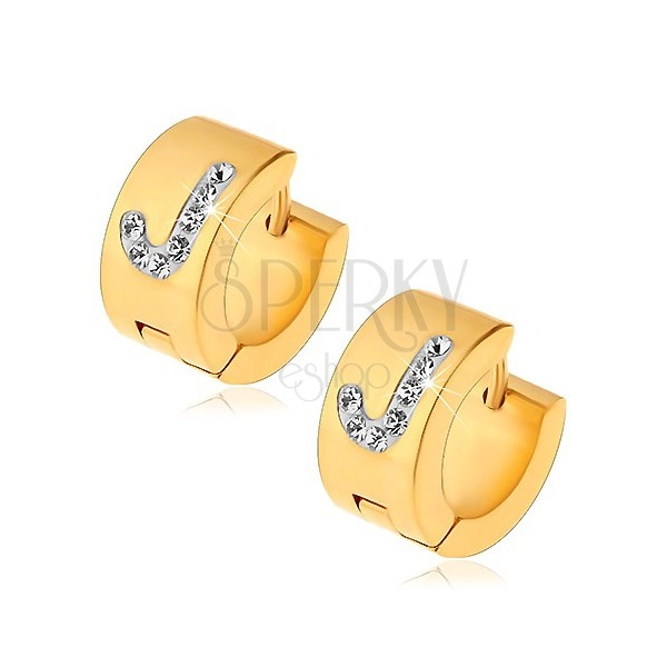 Hinged snap earrings made of 316L steel in gold colour, white letter J with clear zircons