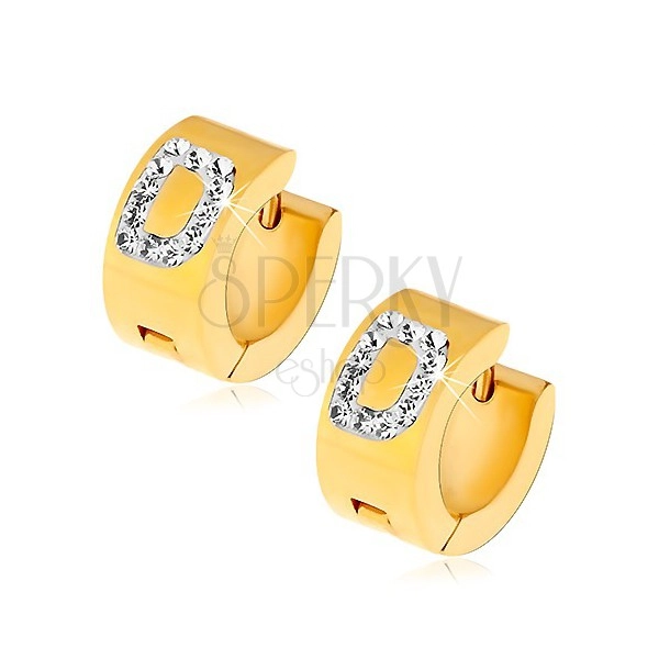Round earrings made of 316L steel in gold colour, letter D with clear zircons