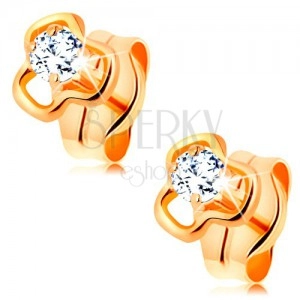 Diamond earrings made of yellow 14K gold - round clear diamond in trefoil contour