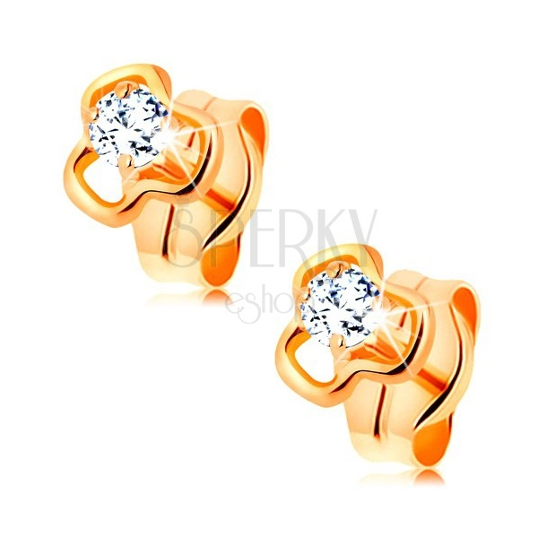Diamond earrings made of yellow 14K gold - round clear diamond in trefoil contour