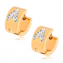 Earrings made of steel in gold colour, letter A inlaid with clear zircons