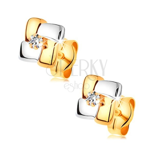 Earrings made of 14K gold - bicoloured squares with cut diamond in the middle
