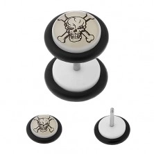 Fake plug made of acrylic in white colour glowing in the dark, skull and crossbones