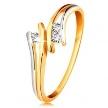 Diamond 585 gold ring, three sparkly clear brilliants, split bicoloured shoulders