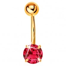 Bellybutton piercing made of yellow 9K gold - banana with ball and red-pink zircon