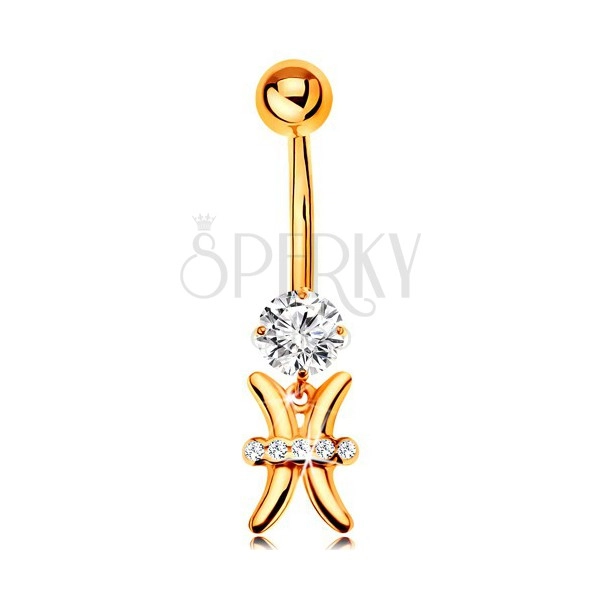 375 gold piercing for belly - clear zircon, shiny zodiac sign symbol - PISCES