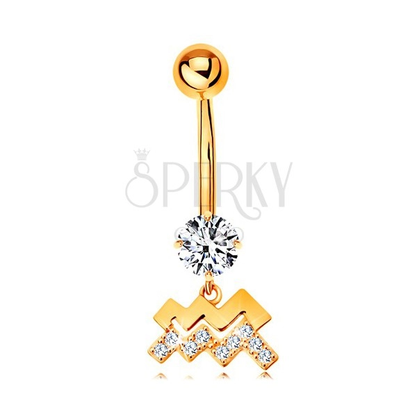 Bellybutton piercing made of yellow 9K gold - clear zircon, symbol of zodiac sign AQUARIUS