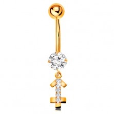 9K gold bellybutton piercing - clear zircon, glossy symbol of zodiac sign - SAGITTARIUS