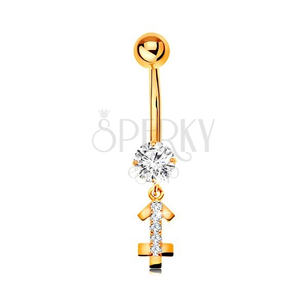 9K gold bellybutton piercing - clear zircon, glossy symbol of zodiac sign - SAGITTARIUS