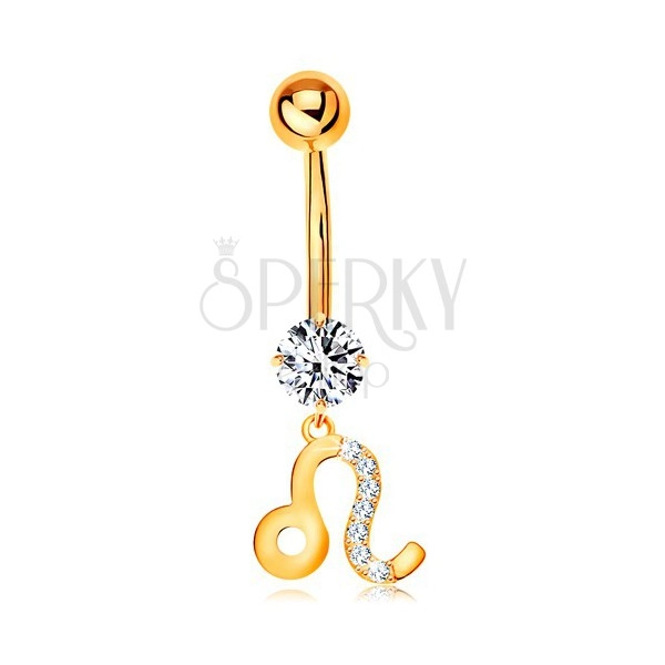 Bellybutton piercing made of yellow 375 gold - clear zircon, symbol of zodiac sign - LEO