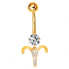 Bellybutton piercing made of yellow 375 gold - clear zircon, symbol of zodiac sign - ARIES