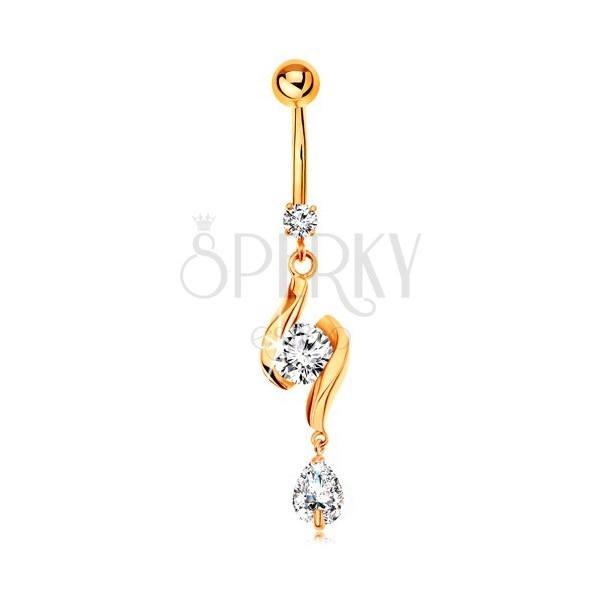 585 gold bellybutton piercing - two shiny waves with zircon in the middle and teardrop