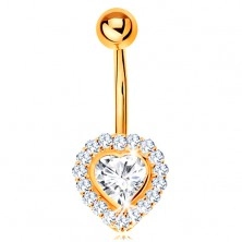 Bellybutton piercing made of yellow 14K gold - clear zircon heart lined with zircons