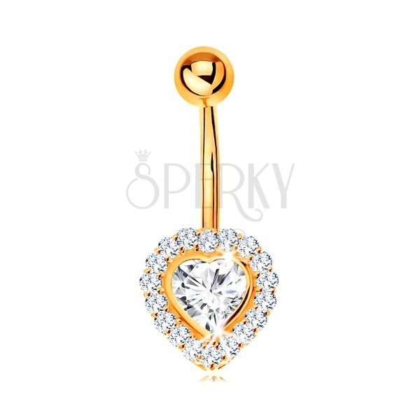 Bellybutton piercing made of yellow 14K gold - clear zircon heart lined with zircons