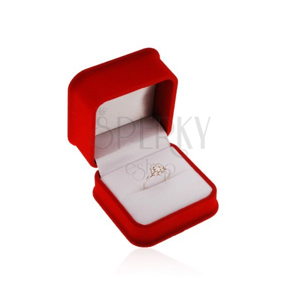 Velvet box for ring or earrings, angular shape, red hue