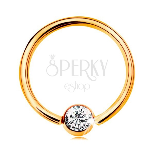 14K gold piercing - shiny circle and ball with embedded zircon in clear colour, 14 mm