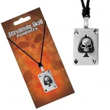 Necklace - adjustable black string with pendant, ace of spades with skull