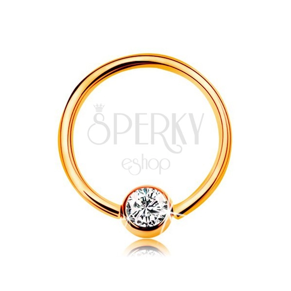 Piercing made of yellow 585 gold - shiny circle with ball and embedded clear zircon, 10 mm