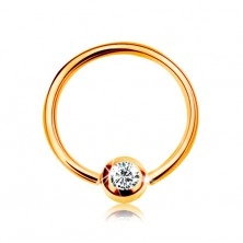 14K gold piercing - shiny circle and ball with embedded zircon in clear colour, 8 mm
