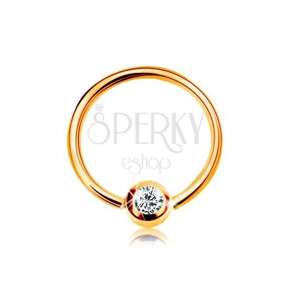 14K gold piercing - shiny circle and ball with embedded zircon in clear colour, 8 mm