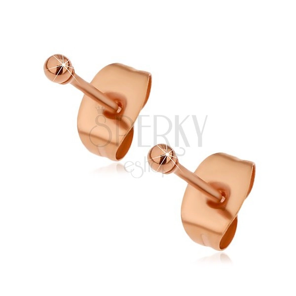 Stud steel earrings in copper colour, tiny shiny balls, 2 mm