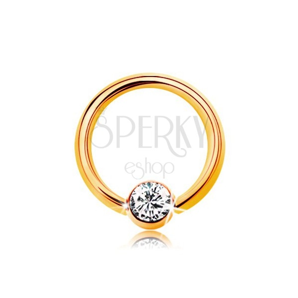 Piercing made of yellow 14K gold - small circle with ball and clear zircon, 6 mm
