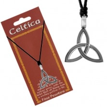 Necklace - adjustable black string and patinated three-point Celtic knot