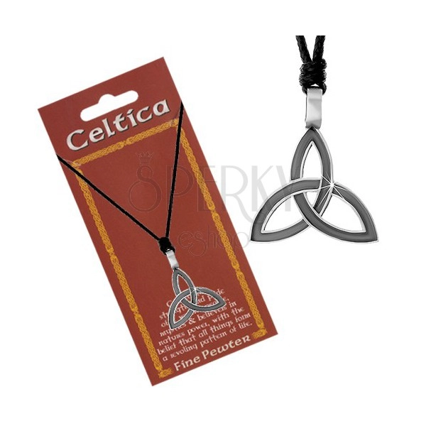 Necklace - adjustable black string and patinated three-point Celtic knot