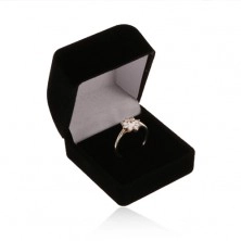 Velvet box for ring or earrings, black colour, bevelled top part