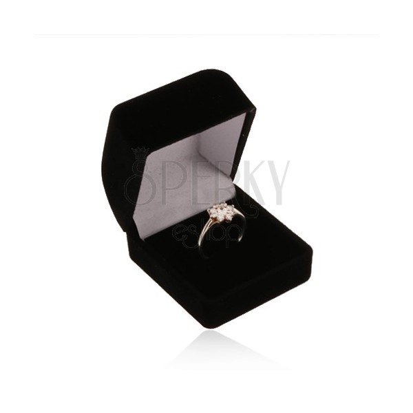 Velvet box for ring or earrings, black colour, bevelled top part