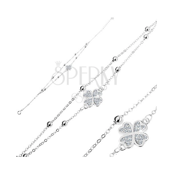 925 silver bracelet, clear zircon four-leaf clover, two chains with balls
