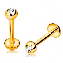 9K gold piercing for lip and chin - labret with ball with zircon, 8 mm and circle
