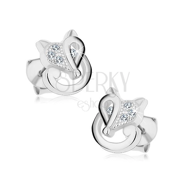 925 silver earrings - fox decorated with zircons in clear colour, studs