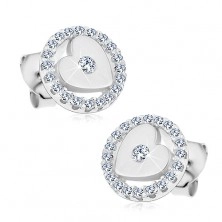925 silver earrings, shiny heart with zircon in sparkly hoop, studs