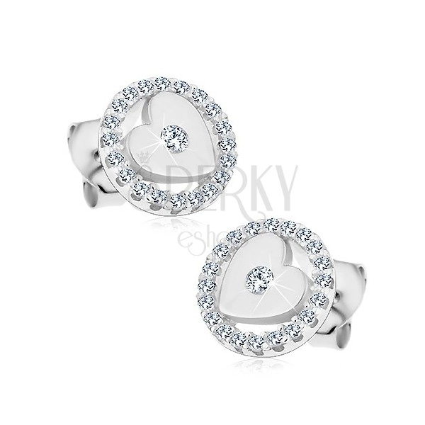 925 silver earrings, shiny heart with zircon in sparkly hoop, studs