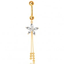 Piercing for belly made of yellow 14K gold - zircon flower, chains with balls