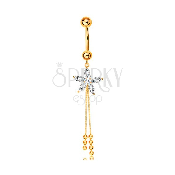 Piercing for belly made of yellow 14K gold - zircon flower, chains with balls