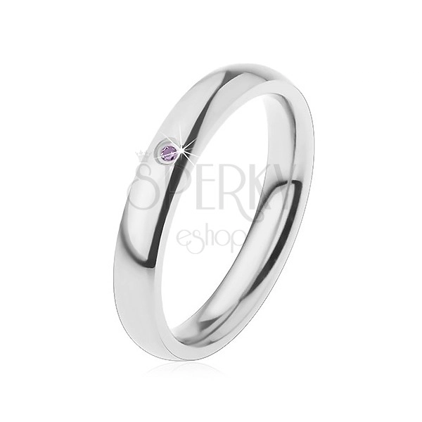 Ring for children, 316L steel in silver colour, light violet zircon, rounded shoulders