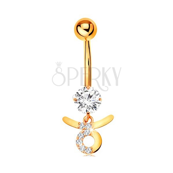 Bellybutton piercing made of yellow 14K gold - clear zircon, symbol of zodiac sign TAURUS